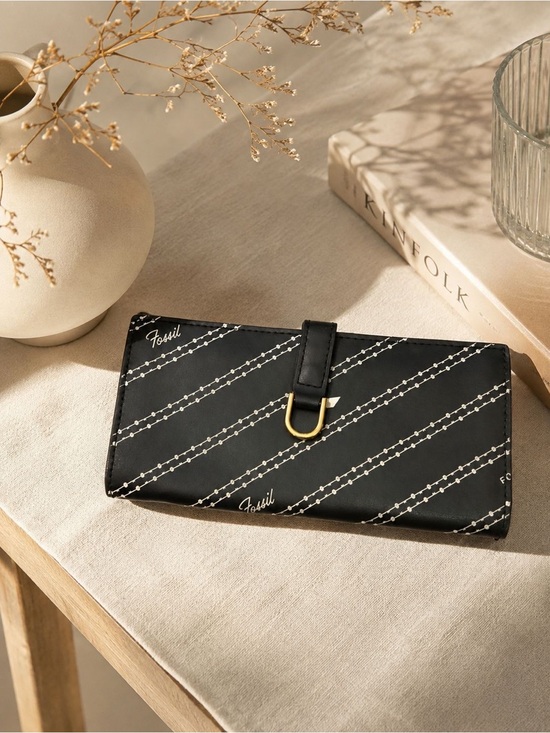 Fossil Handbags - Fossil Black Diagonal Signature Long Wallet with Gold Accent